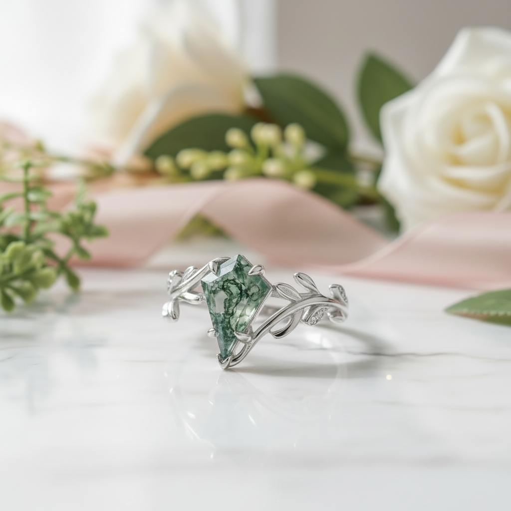 Kite Cut Natural Moss Agate Engagement Ring-Black Diamonds New York