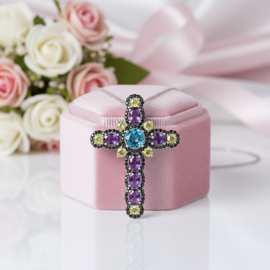 Mystical Multi-gems Cross Pendant Necklace-Black Diamonds New York