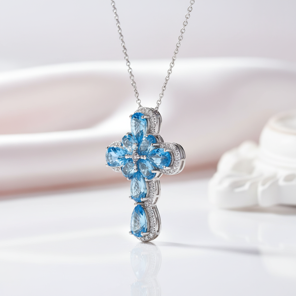 Pear-cut Swiss Blue Halo Cross Necklace-Black Diamonds New York