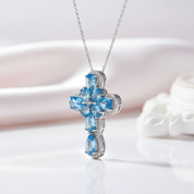 Pear-cut Swiss Blue Halo Cross Necklace-Black Diamonds New York
