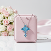 Pear-cut Swiss Blue Halo Cross Necklace-Black Diamonds New York