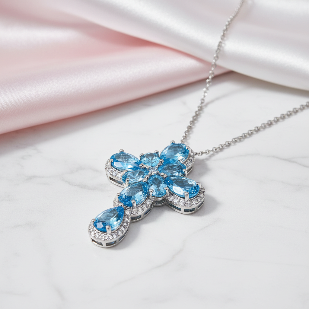 Pear-cut Swiss Blue Halo Cross Necklace-Black Diamonds New York