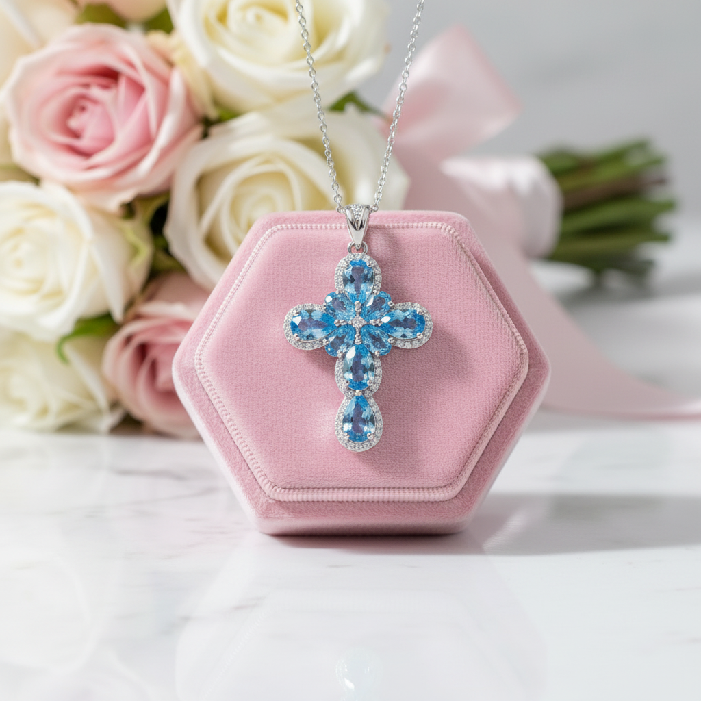 Pear-cut Swiss Blue Halo Cross Necklace-Black Diamonds New York