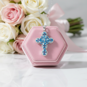 Pear-cut Swiss Blue Halo Cross Necklace-Black Diamonds New York