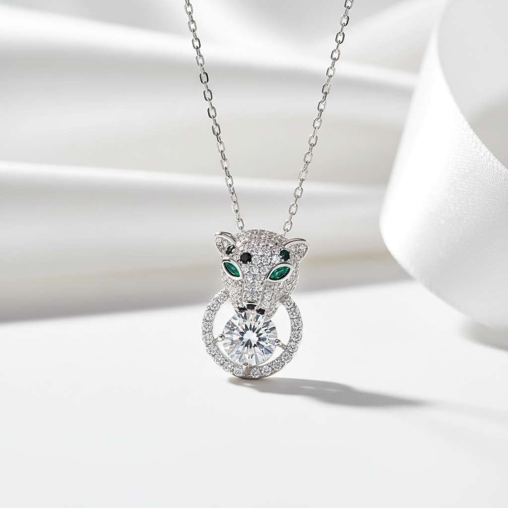 Silver necklace with a leopard-shaped pendant on a white background