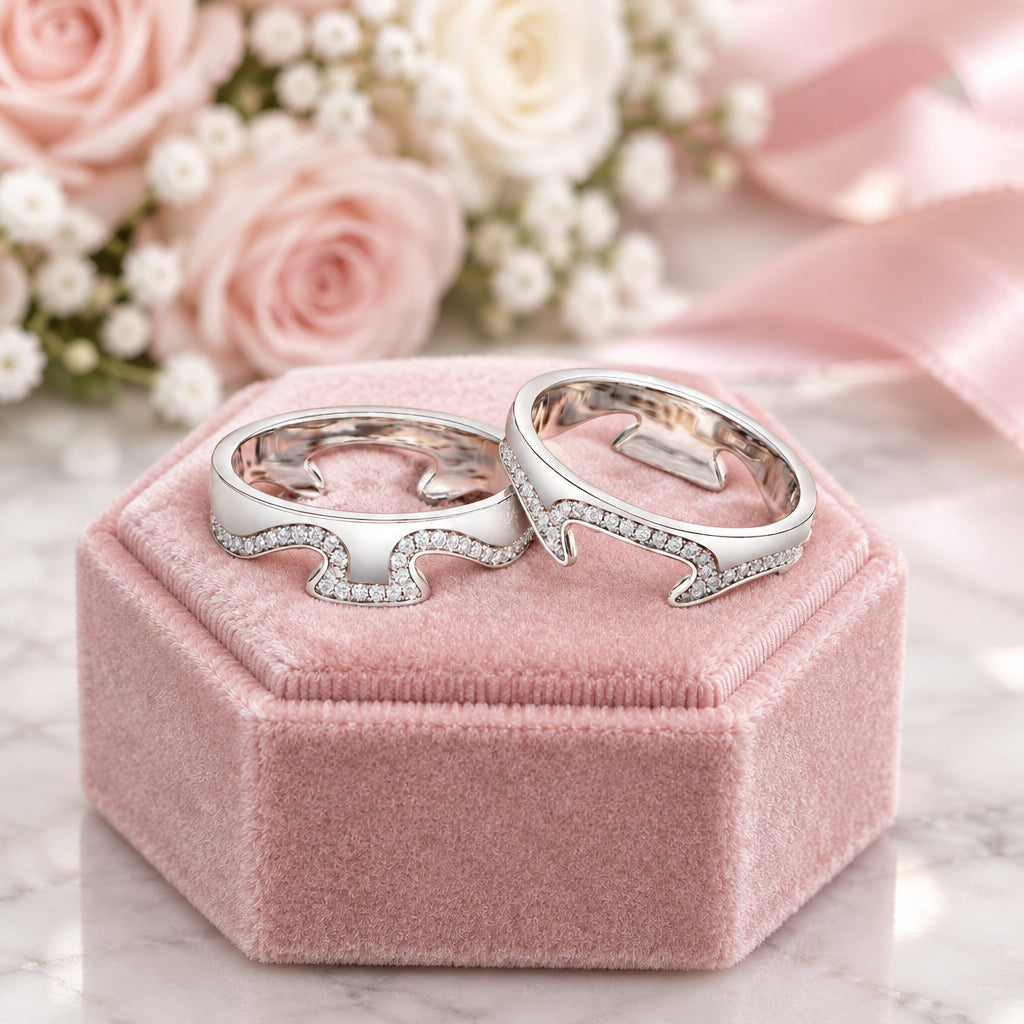 Two silver rings with intricate designs on a lace fabric background