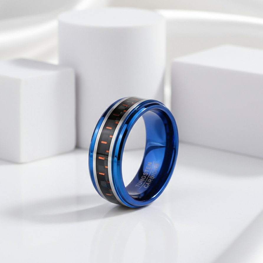 Blue Beveled Edge Tungsten Men's Ring with Red Carbon Fiber Inlay-Black Diamonds New York