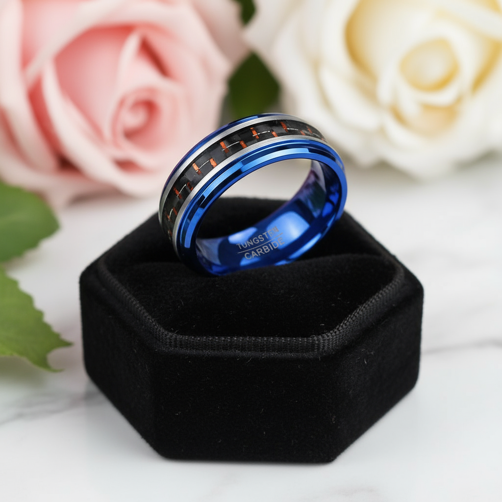 Blue Beveled Edge Tungsten Men's Ring with Red Carbon Fiber Inlay-Black Diamonds New York