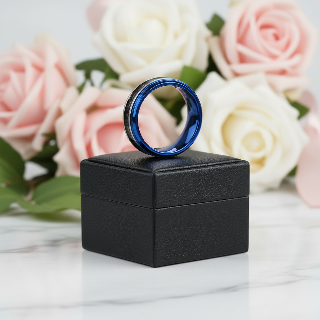 Blue Beveled Edge Tungsten Men's Ring with Red Carbon Fiber Inlay-Black Diamonds New York