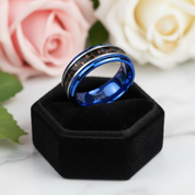 Blue Beveled Edge Tungsten Men's Ring with Red Carbon Fiber Inlay-Black Diamonds New York