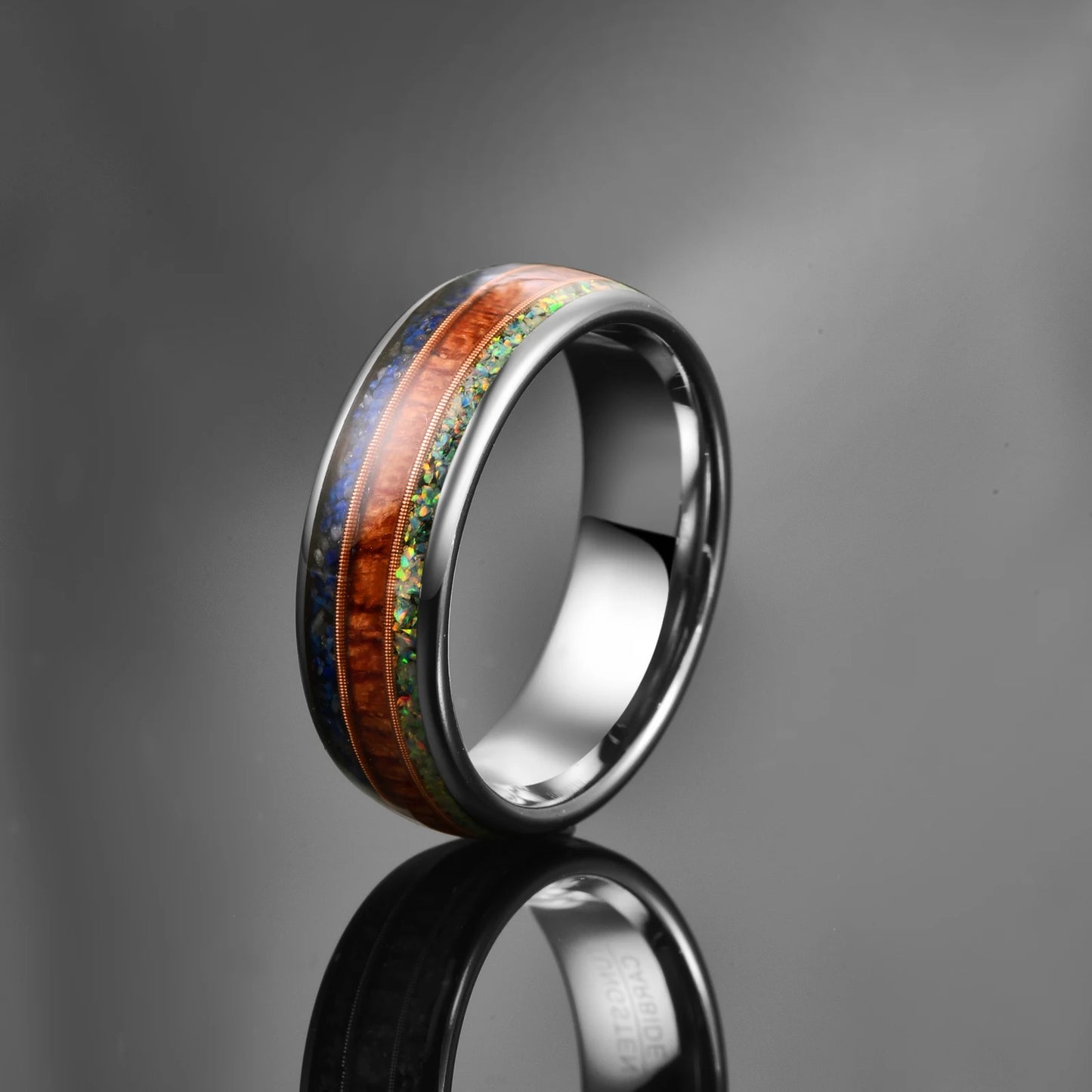 8mm Tungsten Wood & Opal Men's Wedding Band-Black Diamonds New York