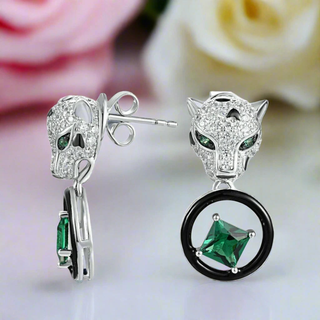 Leopard Head and Green Spinel Earrings-Black Diamonds New York