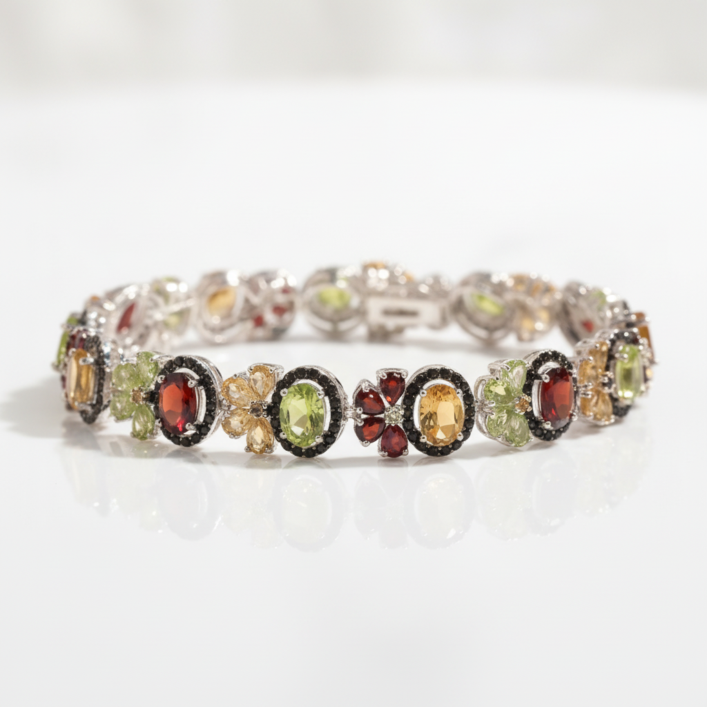Oval-cut Multi Gemstone Flower Halo Bracelet-Black Diamonds New York