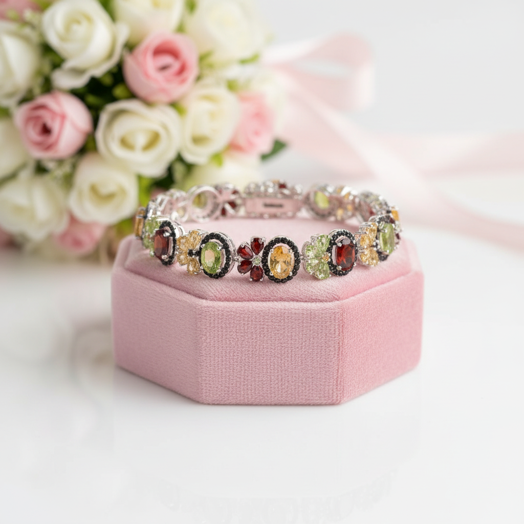 Oval-cut Multi Gemstone Flower Halo Bracelet-Black Diamonds New York