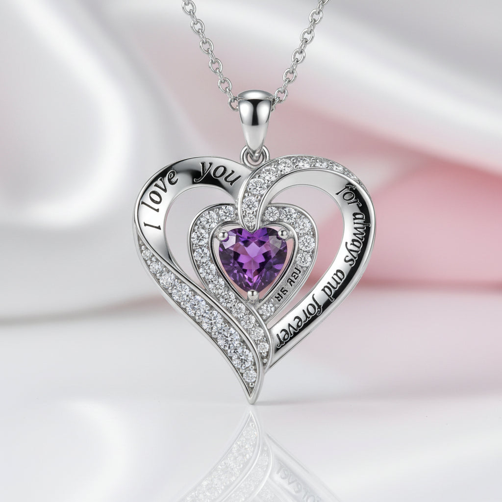 Heart-cut Gemstone I Love You Engraved Heart-shaped Birthstone Necklace-Black Diamonds New York