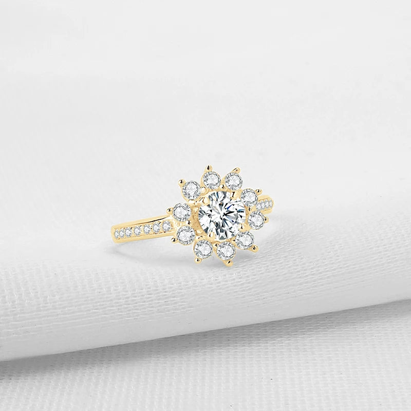 10K Yellow Gold Round Moissanite Sunflower Shaped Engagement Ring-Black Diamonds New York