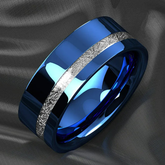 Vintage Blue Polished Unisex Wedding Band with Meteorite Inlay-Black Diamonds New York