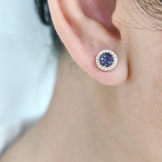 5mm Round Color Changing Alexandrite Halo Stud Earrings-Black Diamonds New York
