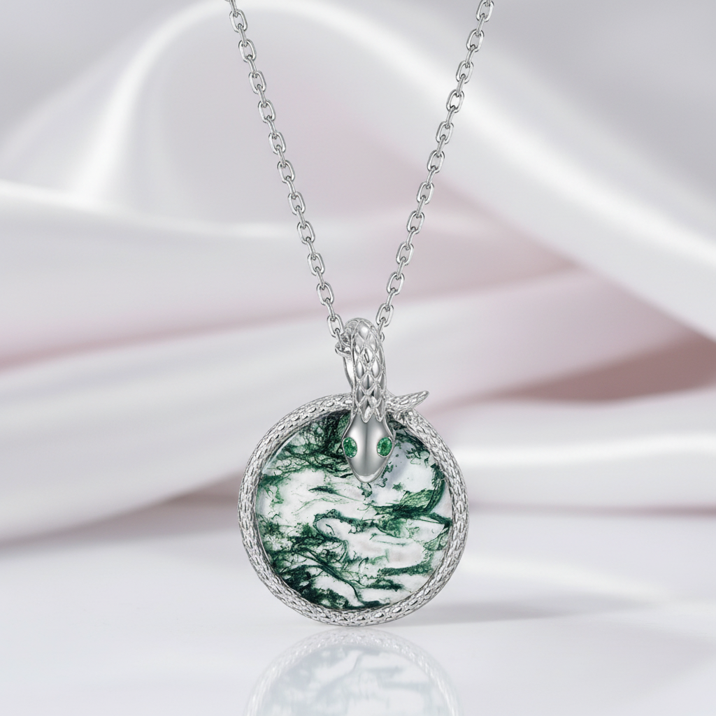 Round Cut Moss Agate Snake Necklace-Black Diamonds New York