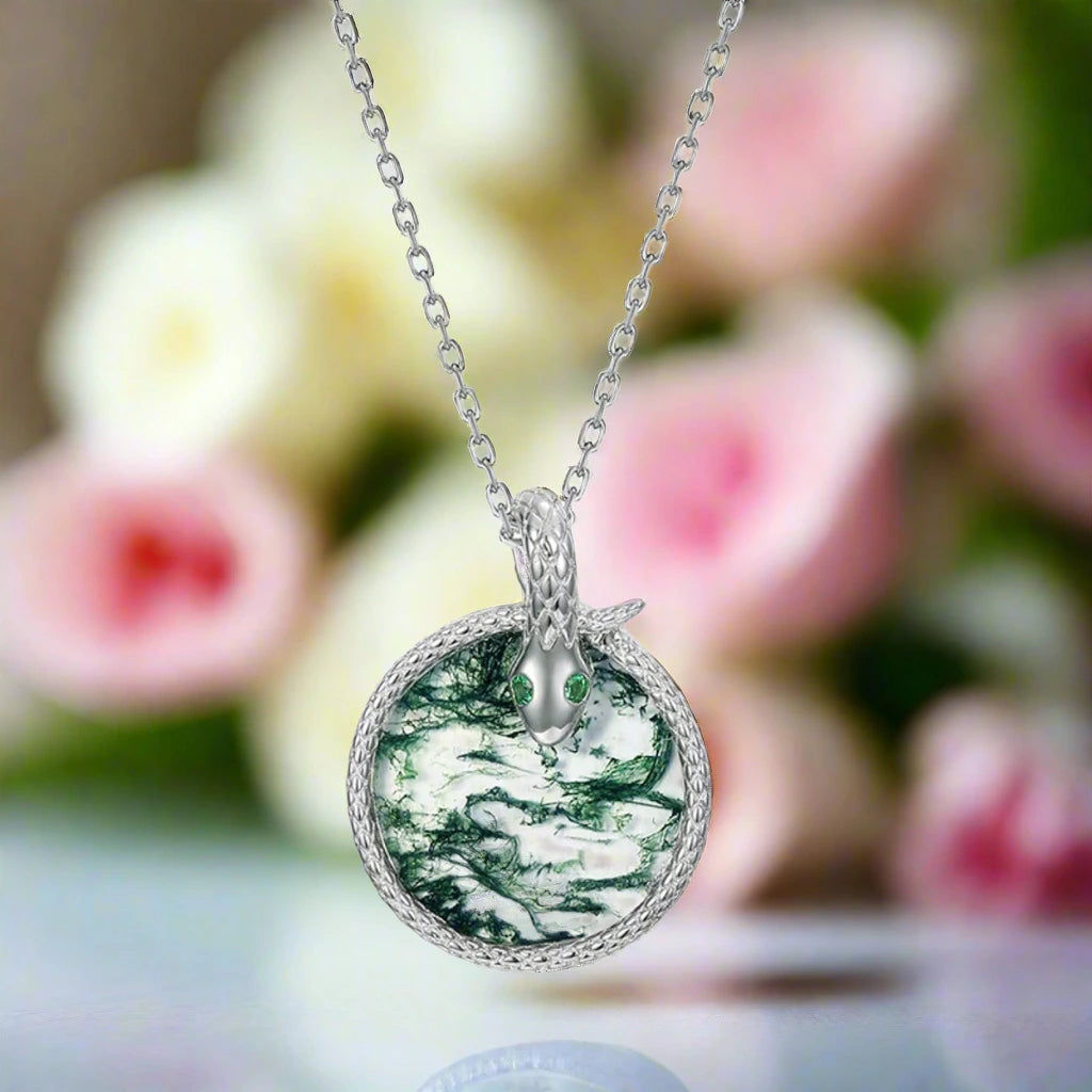 Round Cut Moss Agate Snake Necklace-Black Diamonds New York