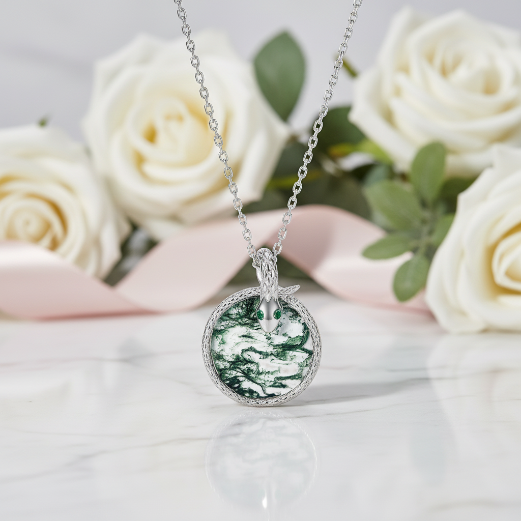 Round Cut Moss Agate Snake Necklace-Black Diamonds New York