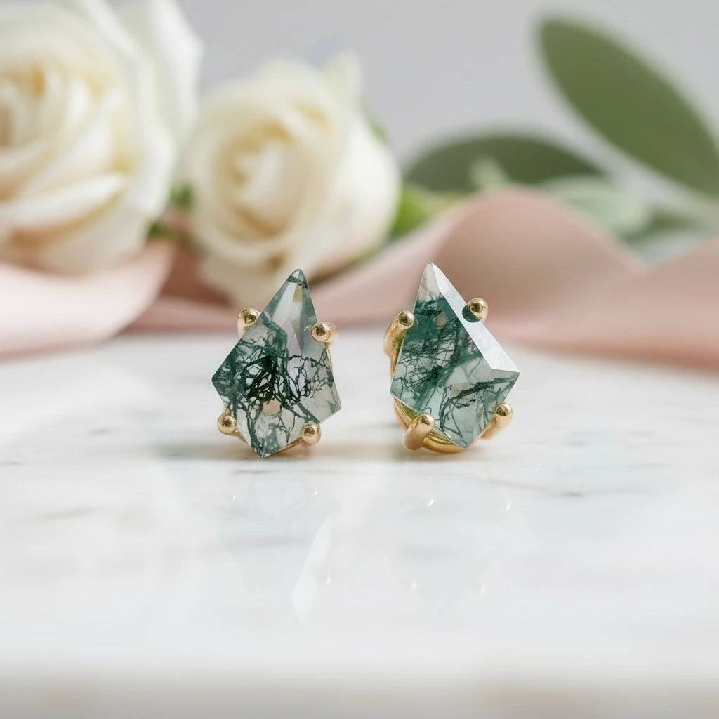 Kite Shaped Green Moss Agate Earrings-Black Diamonds New York