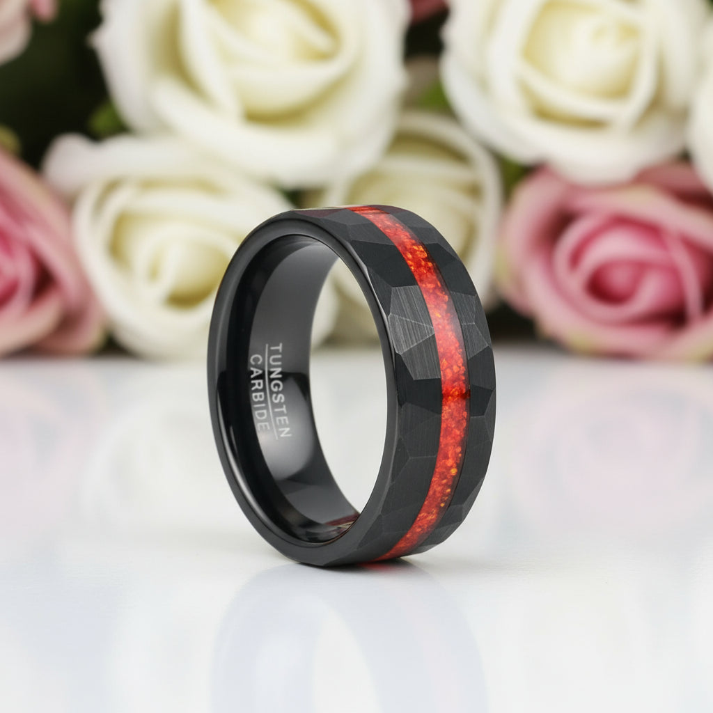 Brushed Matte Black Hammered Red Opal Inlay Tungsten Men's Ring-Black Diamonds New York