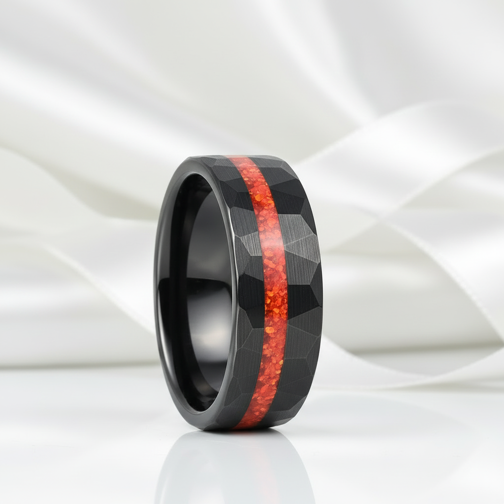 Brushed Matte Black Hammered Red Opal Inlay Tungsten Men's Ring-Black Diamonds New York