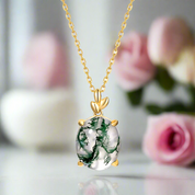 Oval Cut Green Moss Agate Pendant Necklace-Black Diamonds New York