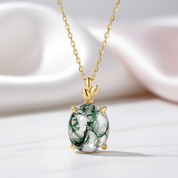 Oval Cut Green Moss Agate Pendant Necklace-Black Diamonds New York