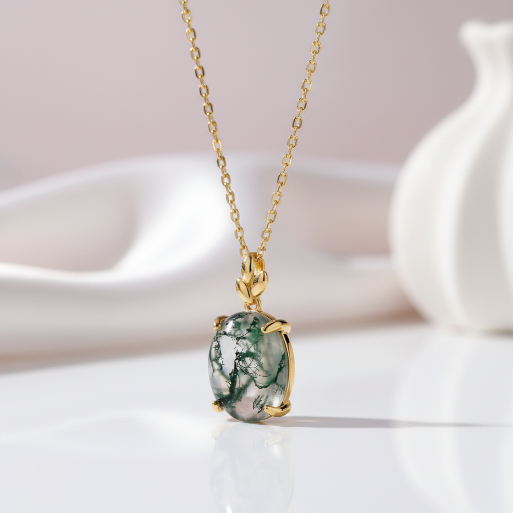 Oval Cut Green Moss Agate Pendant Necklace-Black Diamonds New York