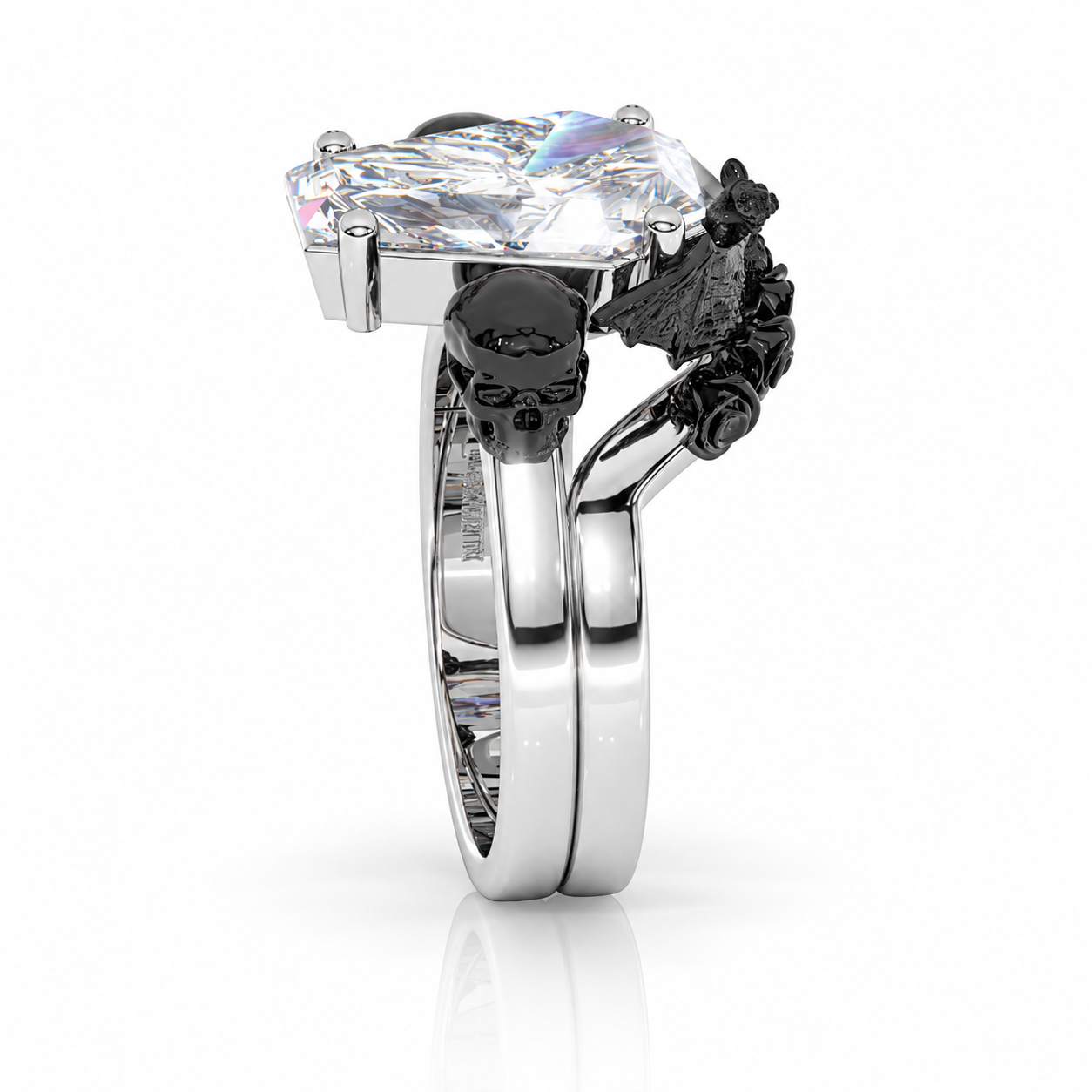 My Ever After Ring - Coffin Cut Diamond Option with Skulls, Bat and Roses Promise Ring-Black Diamonds New York