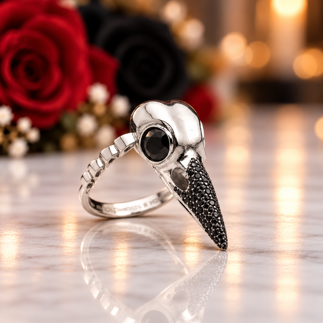 Forevermore- Paved Diamond Option Raven Skull Engagement Ring-Black Diamonds New York