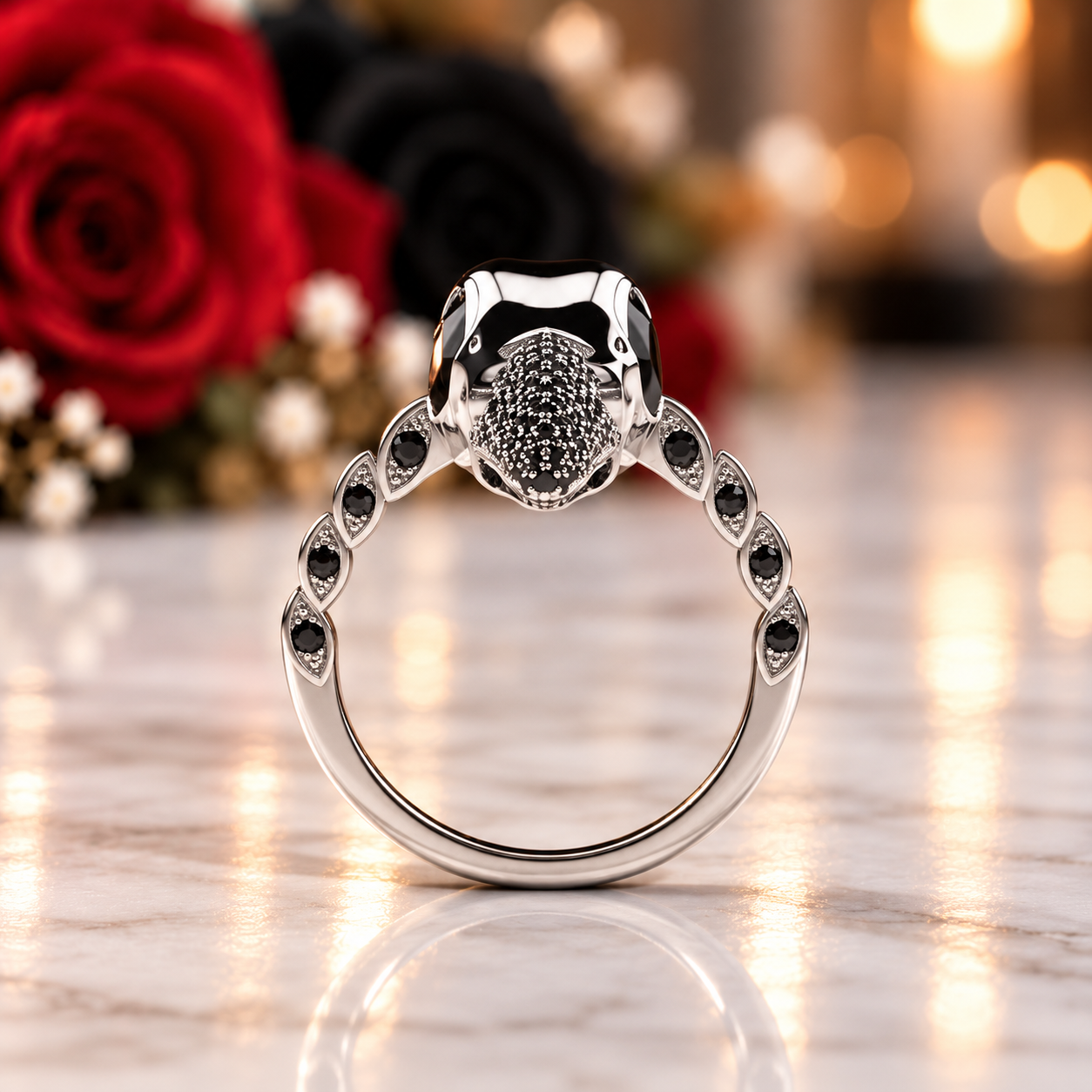 Forevermore- Paved Diamond Option Raven Skull Engagement Ring-Black Diamonds New York