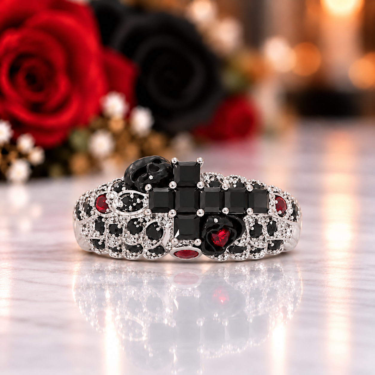 You're My Life- 14K Gold Skull, Cross Black Rose Diamond Option Gothic Promise Ring-Black Diamonds New York