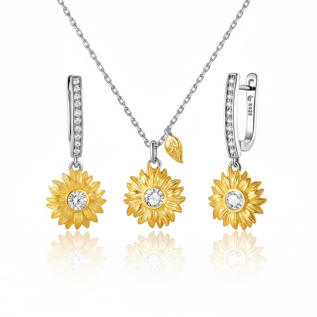 Silver Sunflower Lucky Necklace & Earring Jewelry Set-Black Diamonds New York