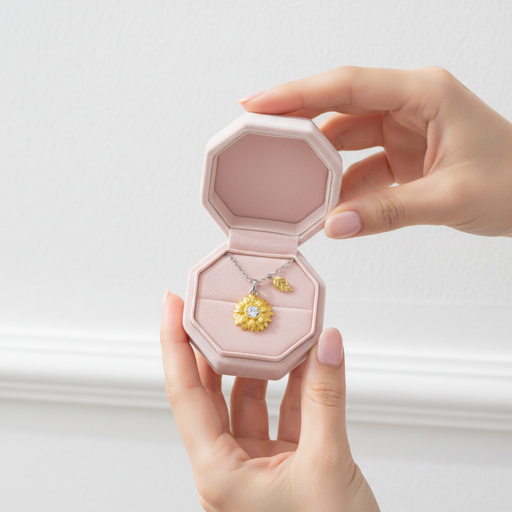 A person holds an open octagonal pink jewelry box containing a gold pendant necklace with a flower and heart charm, set against a clean white wall.