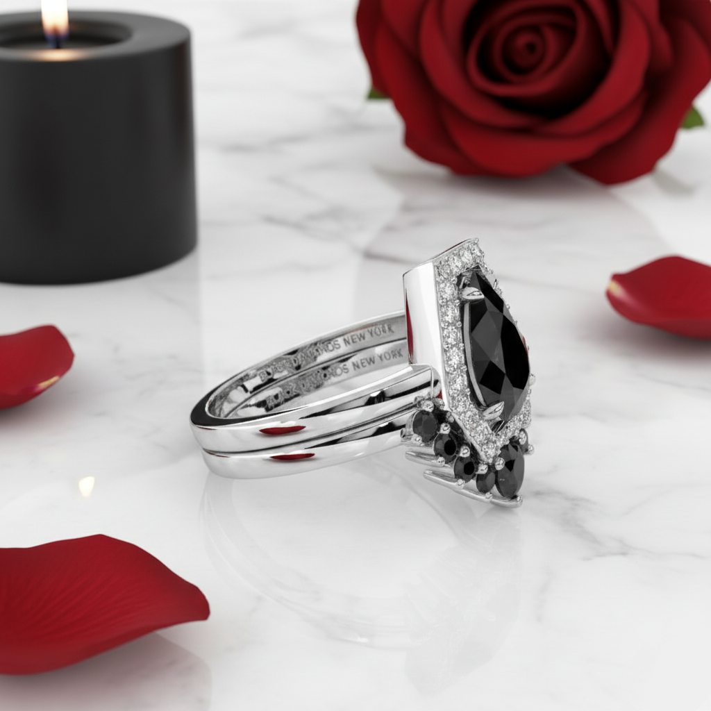 Faithfulness-1ct Black Pear Cut Diamond 14k White Gold Coffin Ring Set-Black Diamonds New York