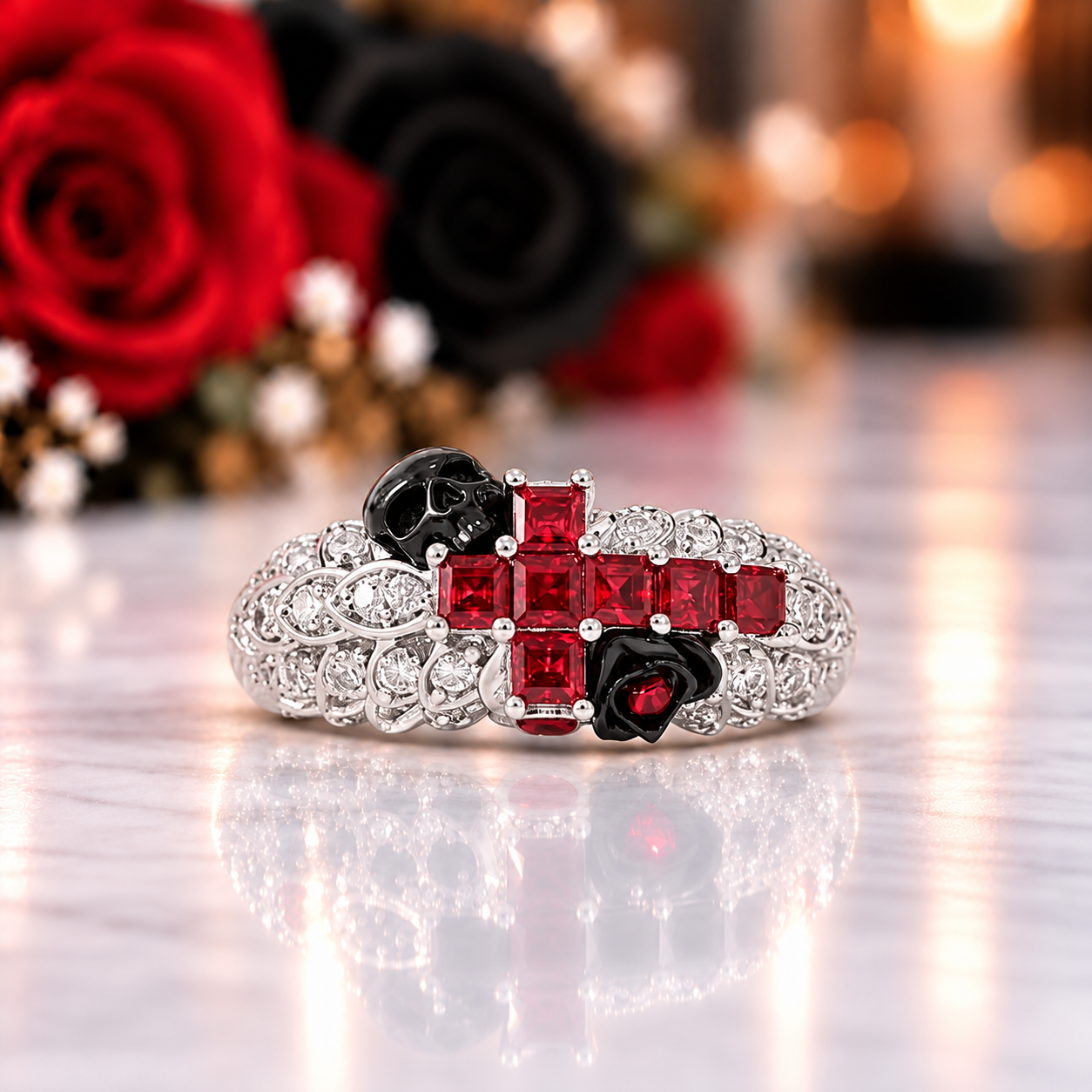 You're My Life- 14K Gold Skull, Cross Black Rose Diamond Option Gothic Promise Ring-Black Diamonds New York