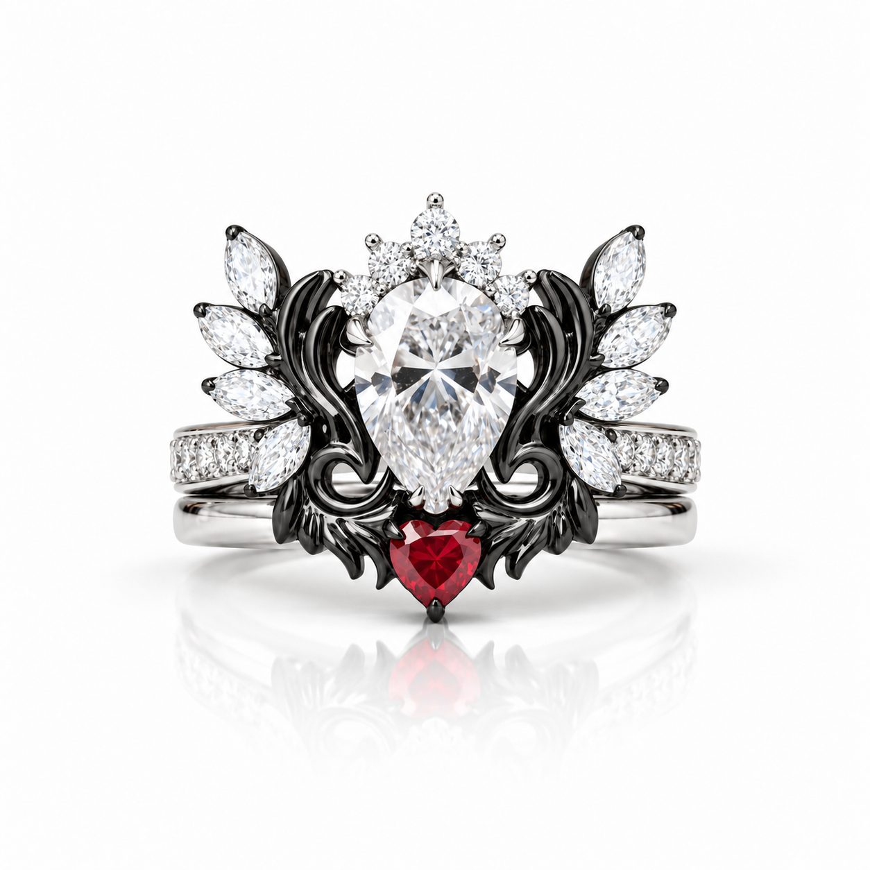 Angel's Wings- 14k White Gold Pear Cut and Red Heart Diamond Option Gothic Promise Ring-Black Diamonds New York