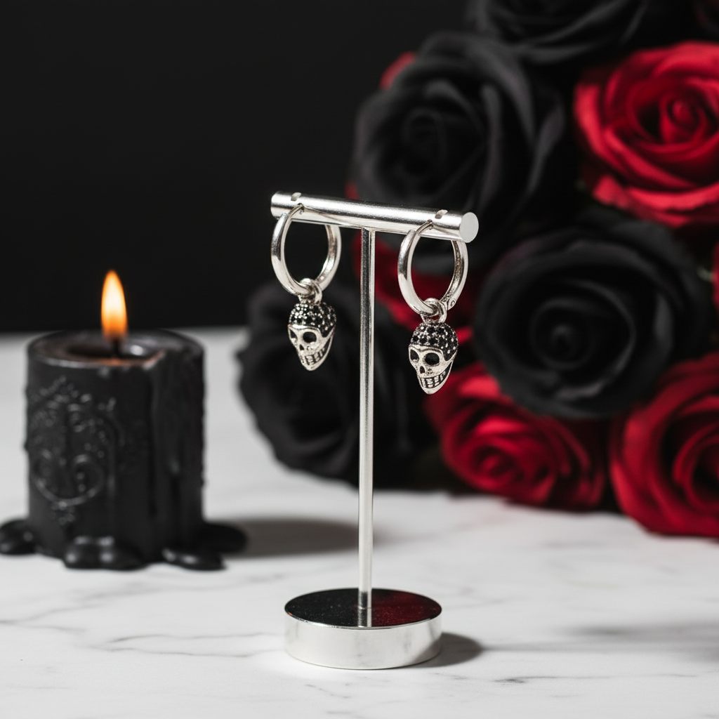 Black Diamond Pave Skull Hoop Earrings-Black Diamonds New York