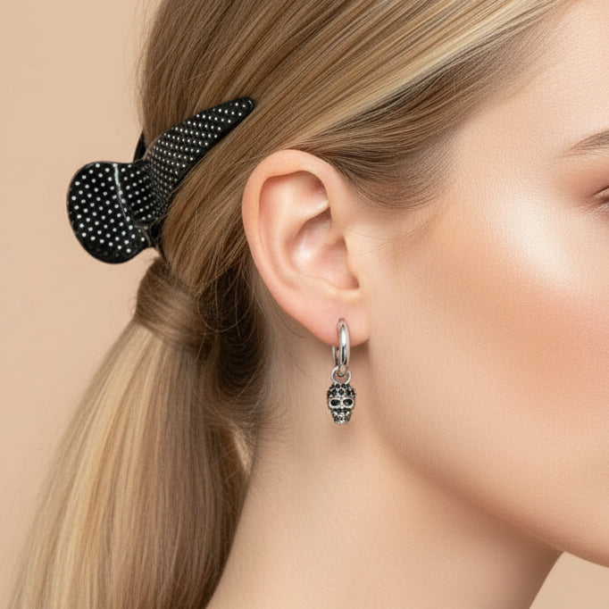 Black Diamond Pave Skull Hoop Earrings-Black Diamonds New York