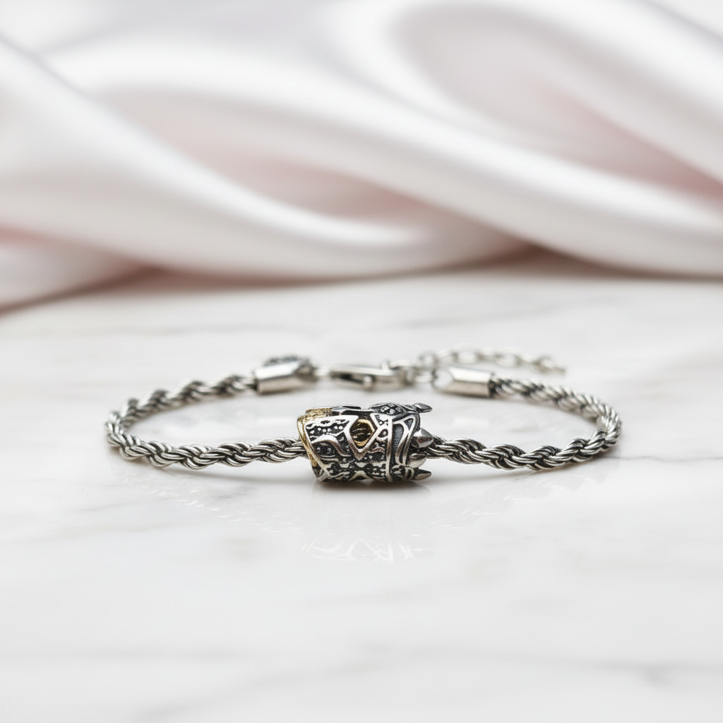 Skull Knight & Karma Wheel Wire Chain Bracelet-Black Diamonds New York