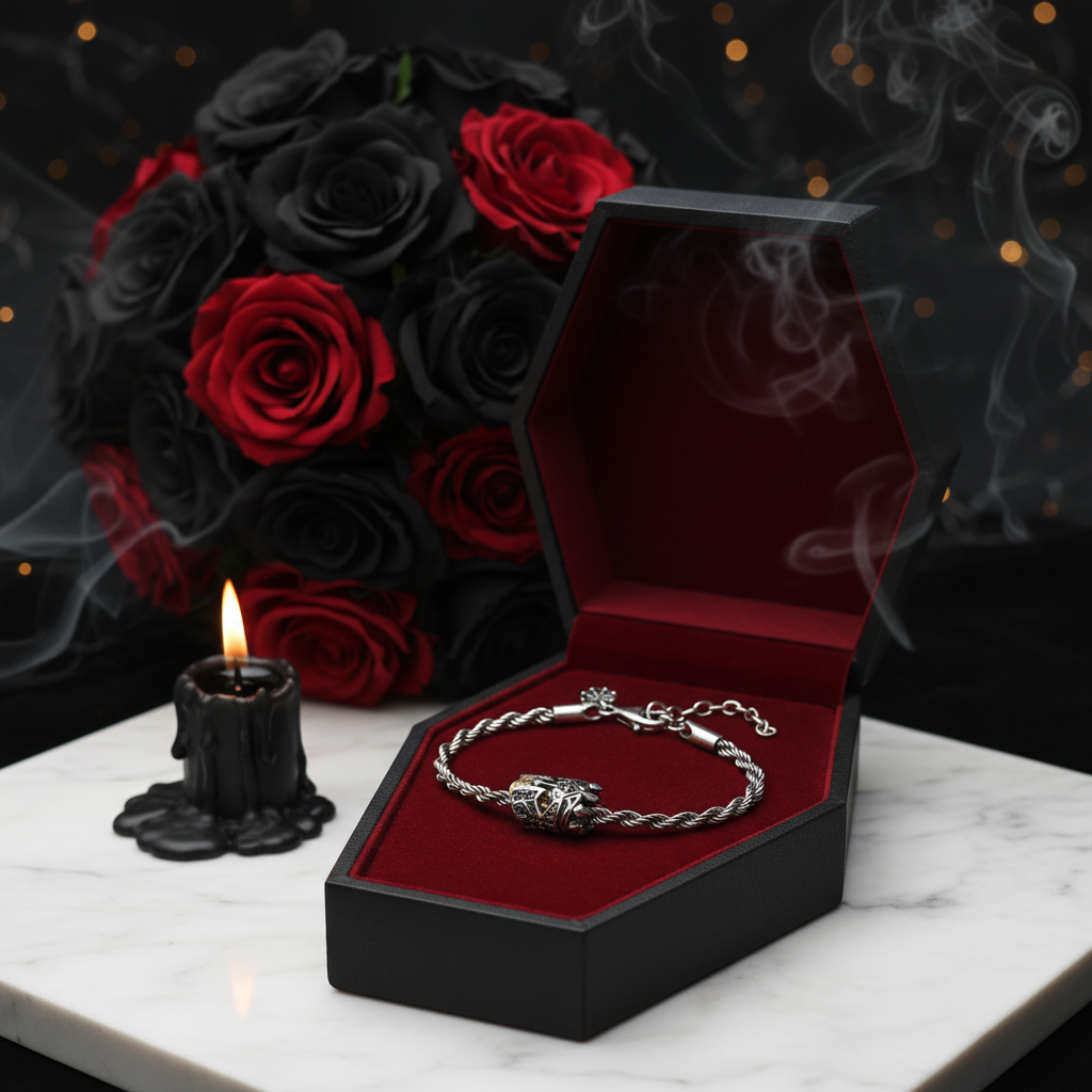 Skull Knight & Karma Wheel Wire Chain Bracelet-Black Diamonds New York