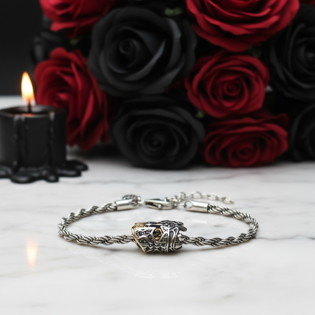 Skull Knight & Karma Wheel Wire Chain Bracelet-Black Diamonds New York