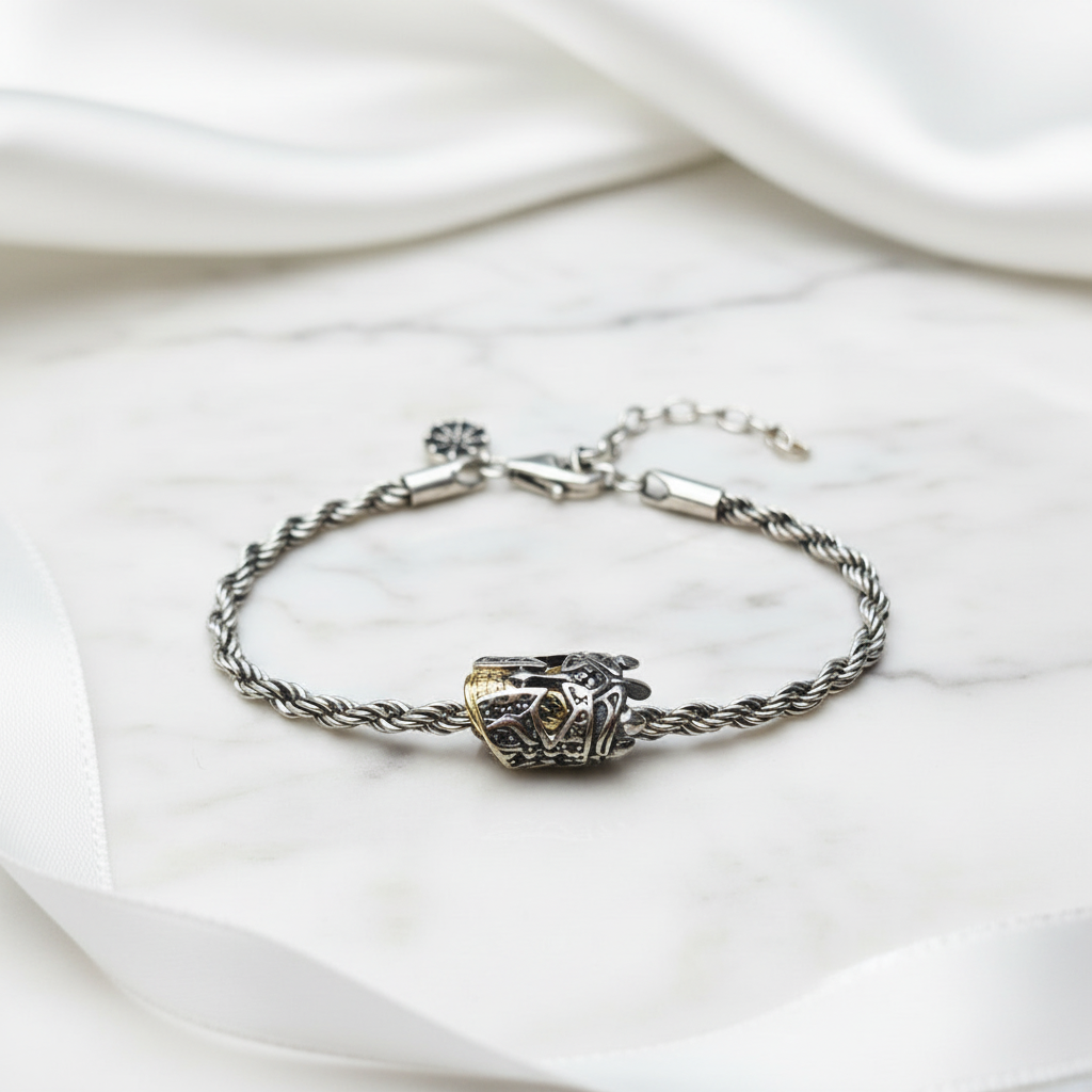Skull Knight & Karma Wheel Wire Chain Bracelet-Black Diamonds New York