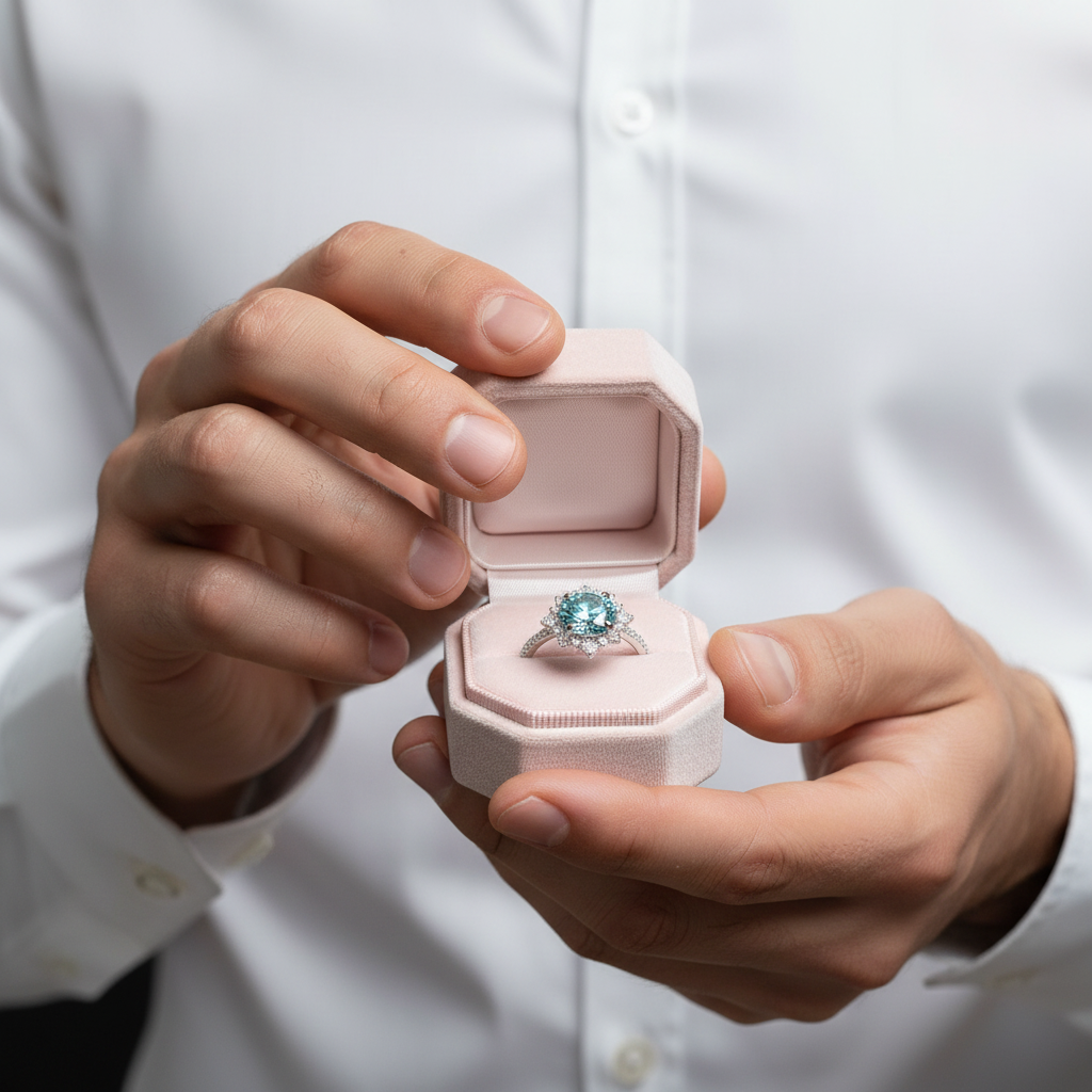 Person holding a pink jewelry box with a ring featuring a blue gemstone.