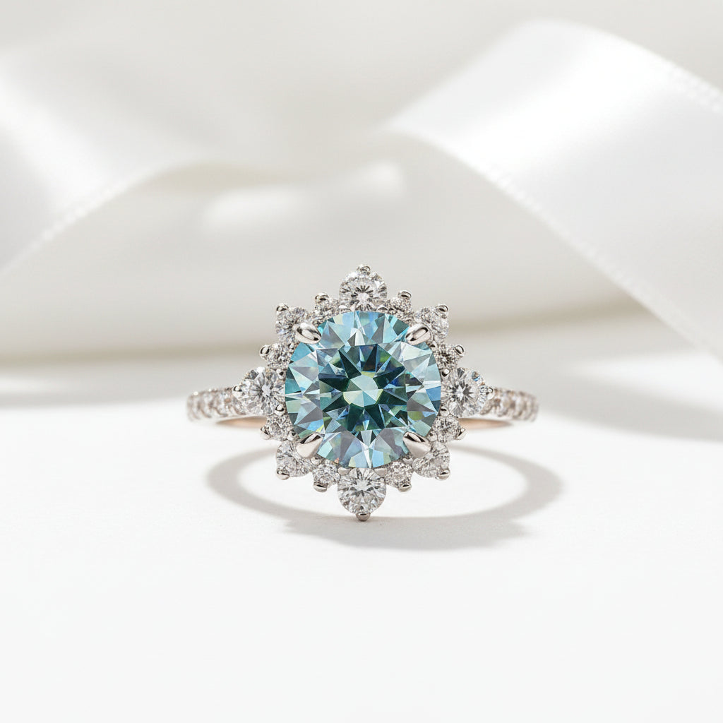 Snowflake Design Halo Round Cut Cyan Blue Diamond Engagement Ring
