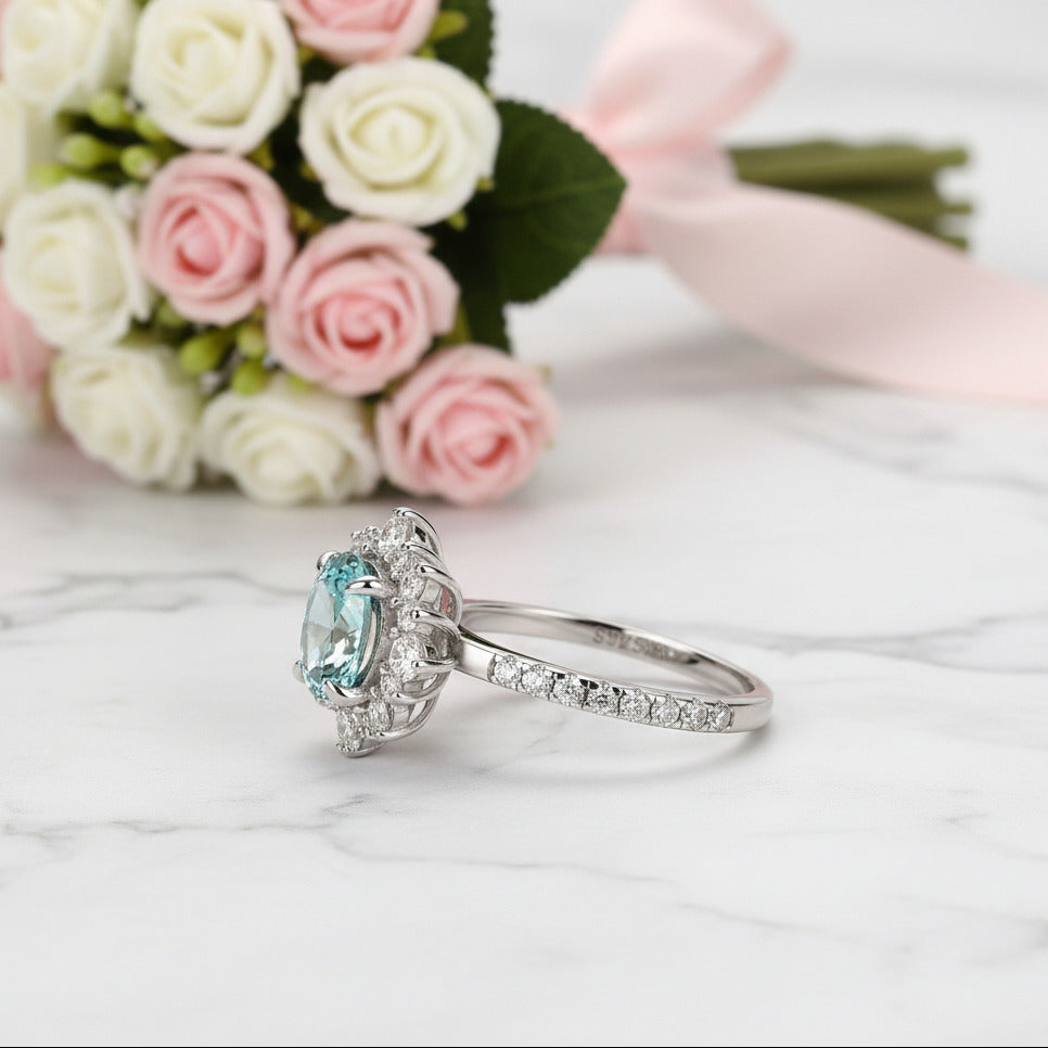 Snowflake Design Halo Round Cut Cyan Blue Diamond Option Engagement Ring-Black Diamonds New York
