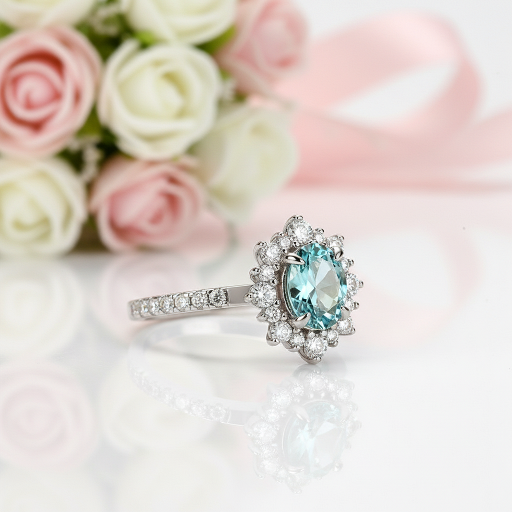 Silver ring with a blue gemstone in front of pink and white roses